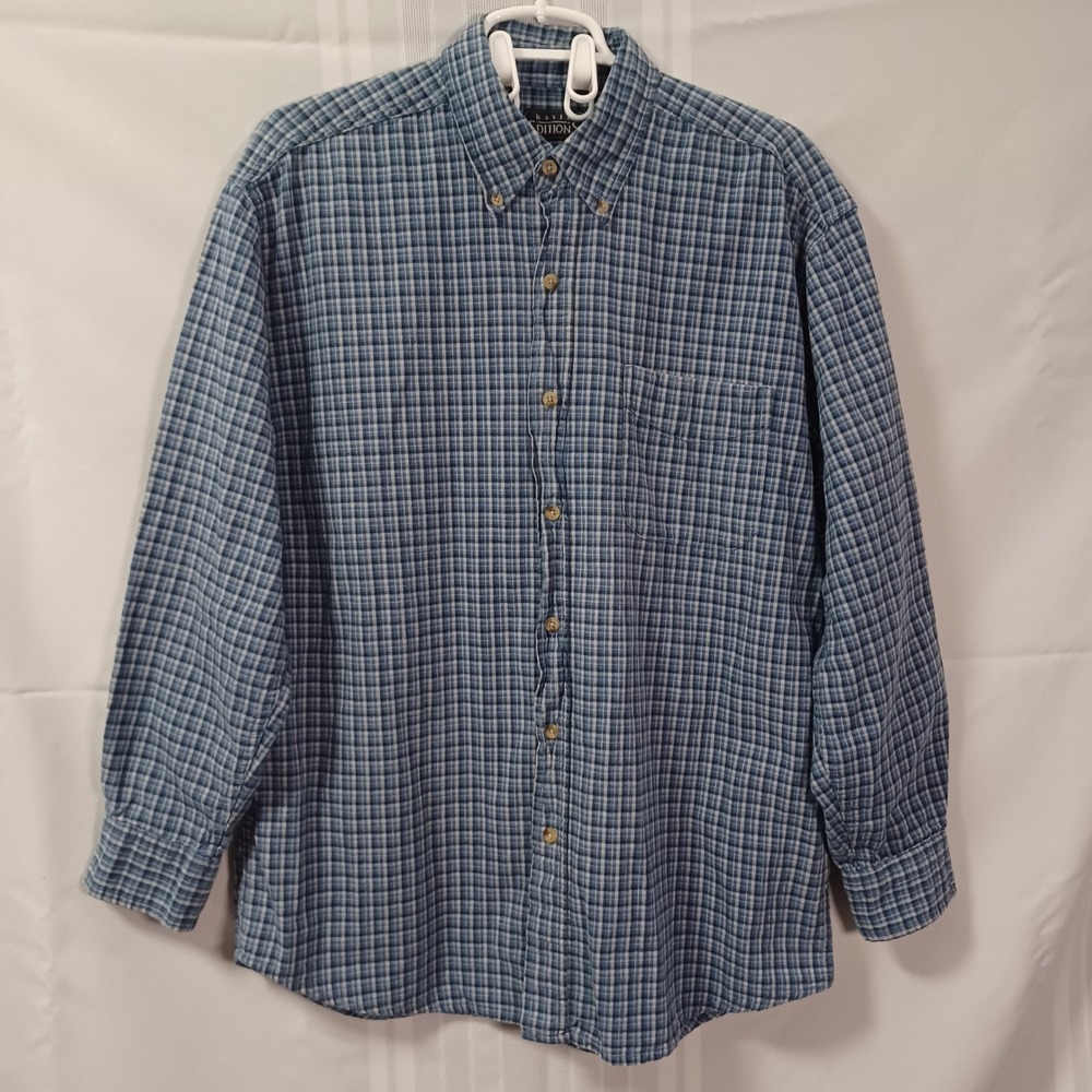 Basic Editions Button Down Shirt Mens M Blue Check Long Sleeve Cotton Casual
